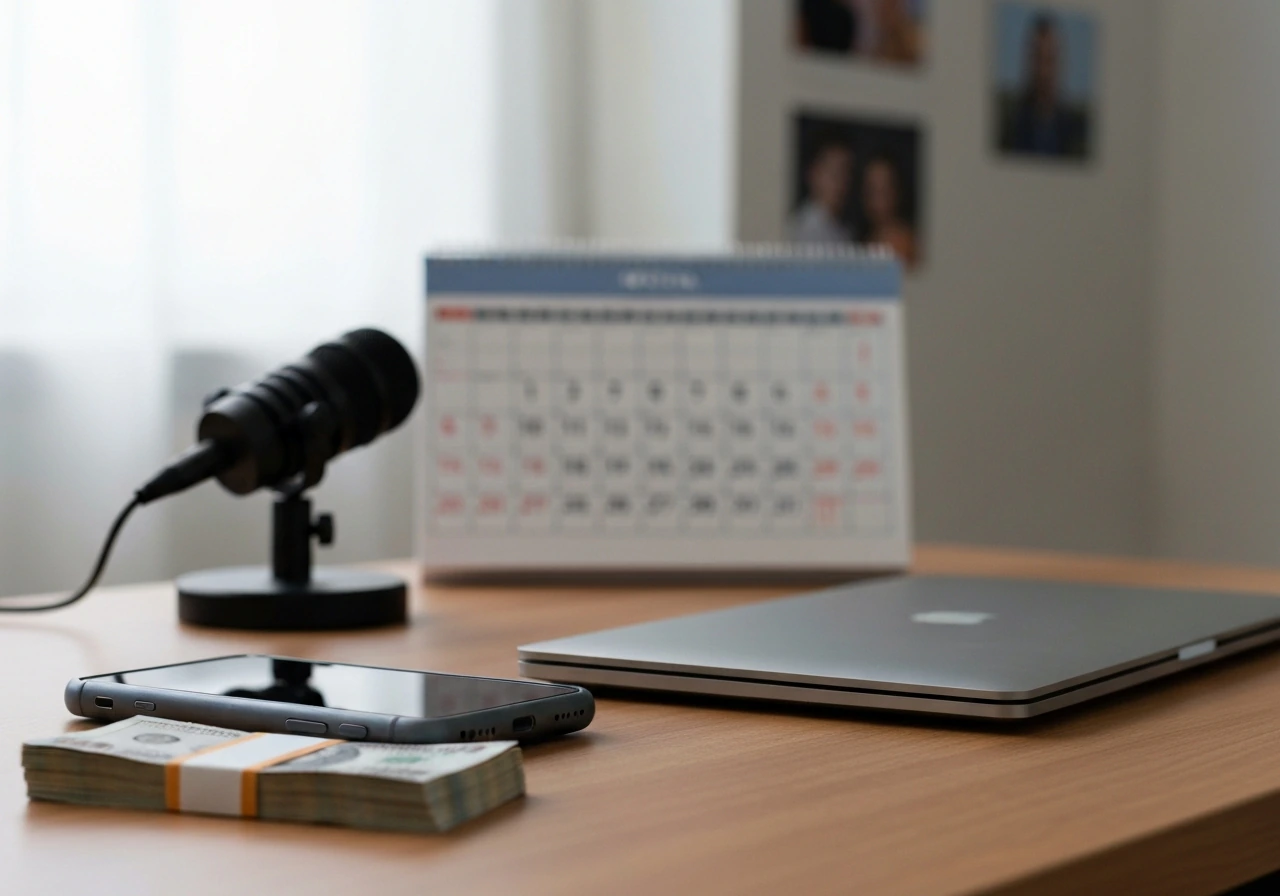 Anonymous desk with smartphone, laptop, podcast mic, and banknotes suggesting wealth estimate research.