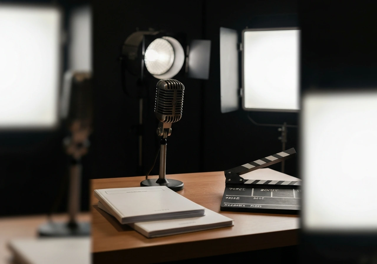 Rede Globo-style TV studio lights and a production desk with script folders, symbolizing Brazilian TV acting credits.