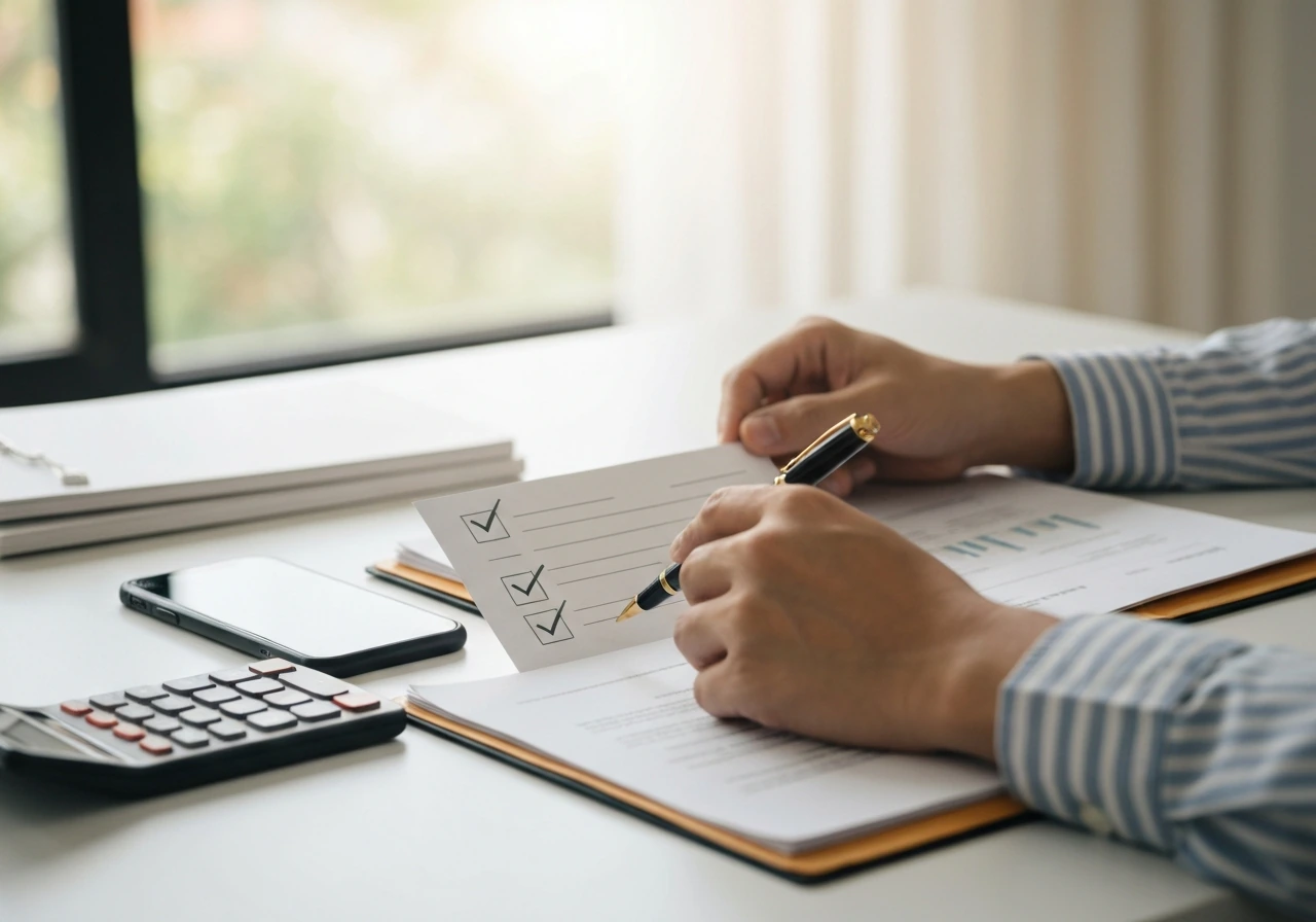 Person reviewing financial documents at a desk with smartphone and pen for a credibility check process.