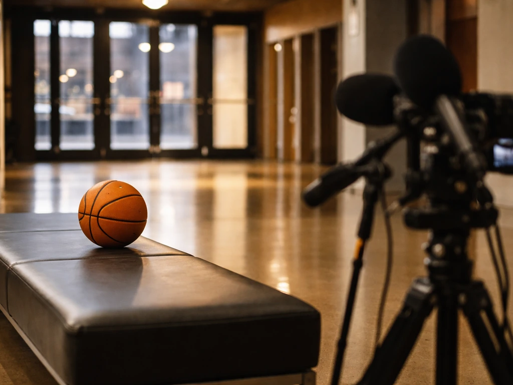Basketball and subtle sports media gear in an arena lobby, symbolizing public interest and player net worth.