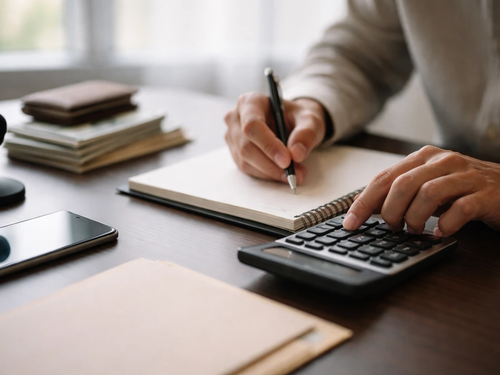 Close-up of an accountant’s hand adding numbers on a calculator beside a phone and neatly stacked currency.