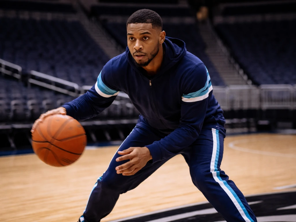 Basketball player in Orlando Magic colors dribbles on an indoor court, club-contract era vibe