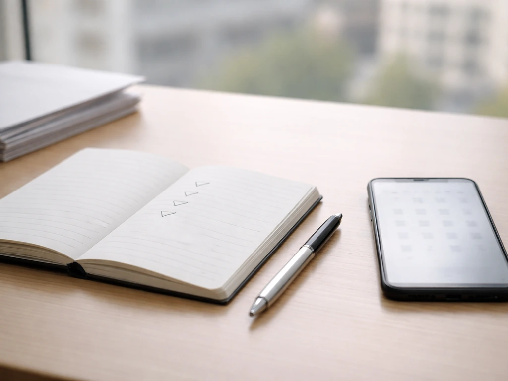 Minimal photo of an office desk with notebook, pen, and a phone showing dates for verifying a financial estimate