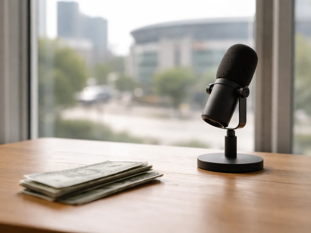 Minimal desk scene with blurred cash and a sports media microphone, symbolizing athlete earnings comparisons.