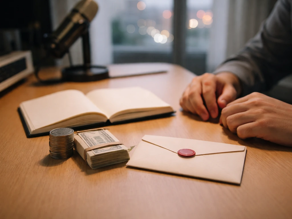 Minimal studio desk with coin, notebook, and a folder showing money versus bills concept