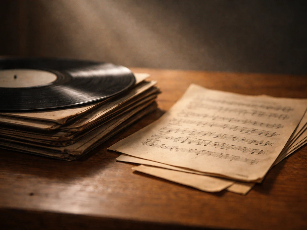 Vintage vinyl records and old sheet music on a wooden table, suggesting recording catalog income.