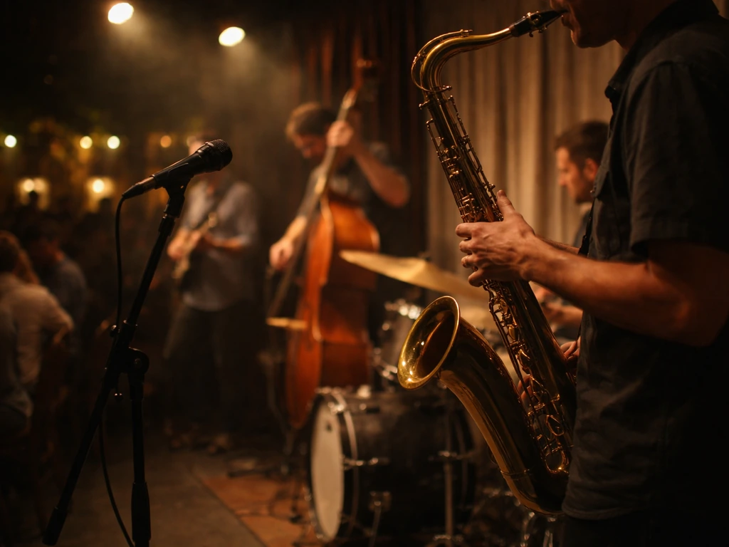 Saxophonist performing on a small jazz stage with warm lights and a softly blurred audience.