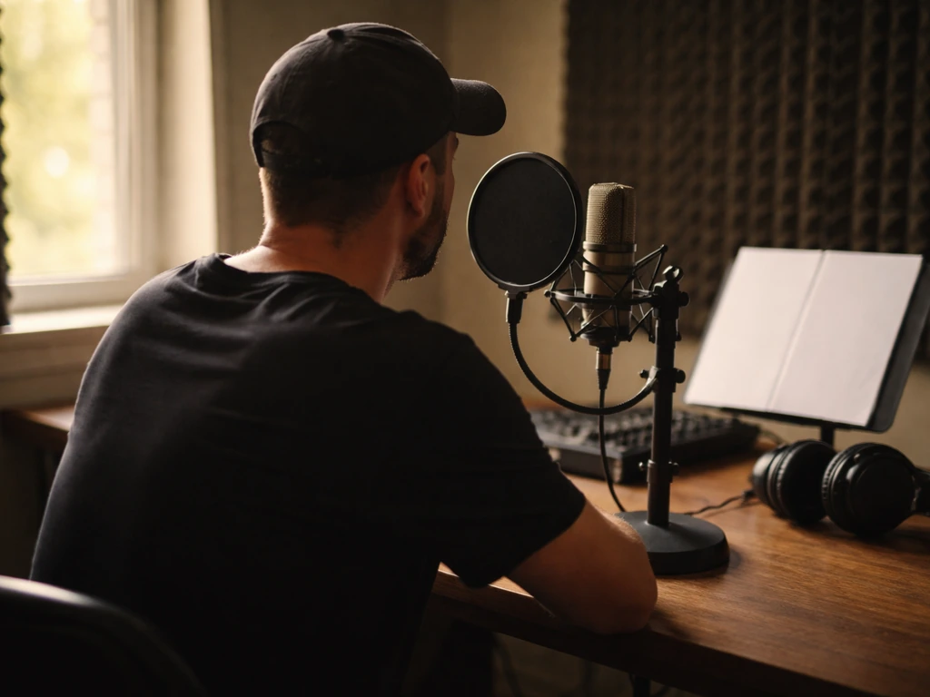 An anonymous musician in a recording studio with a microphone, echoing classic Brazilian music and media legacy.