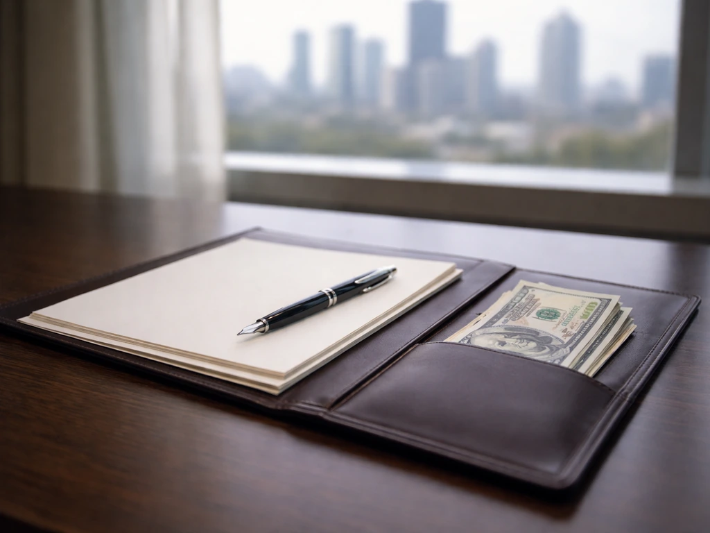 Minimal upscale office desk with a portfolio and neatly stacked bills, softly blurred city skyline behind.