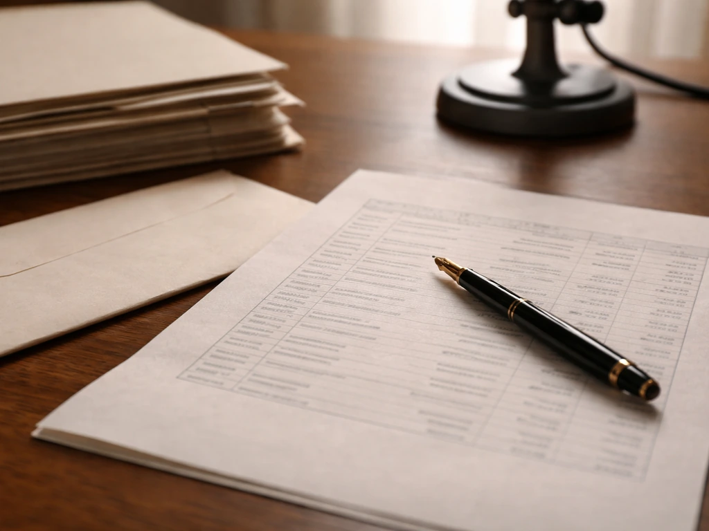 Close-up of music rights documents, a royalty payment check, and a muted microphone in soft light