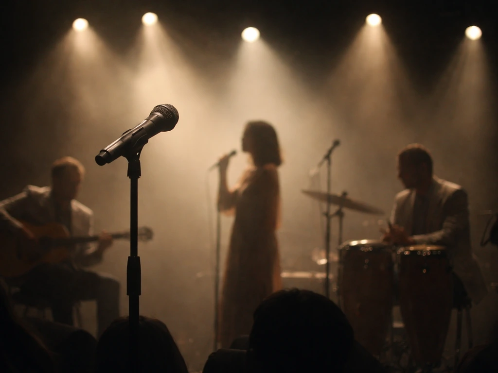 Dimly lit concert stage with microphone stand and blurred performer silhouettes, suggesting live touring work.