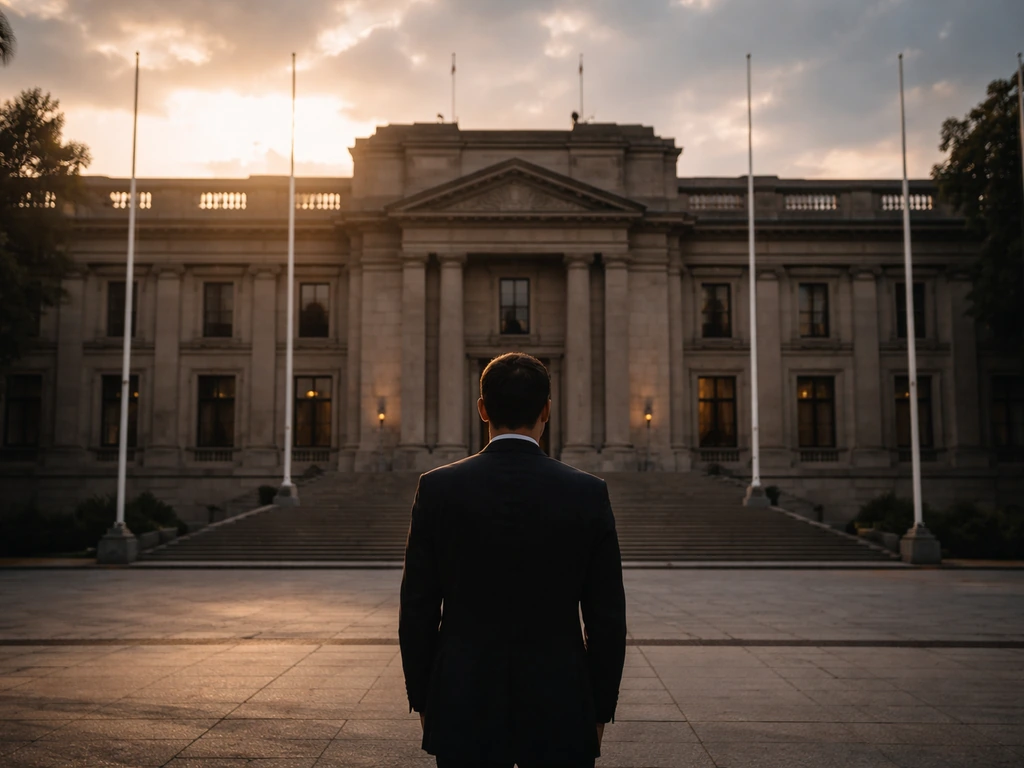 Bolivian-style government building exterior with a lone suited official silhouette and symbolic official atmosphere