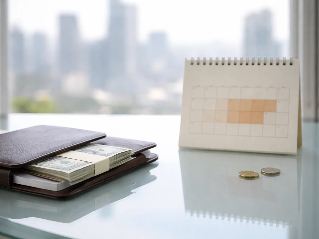 Minimal office desk scene with cash and unmarked calendar suggesting a dated net worth range.