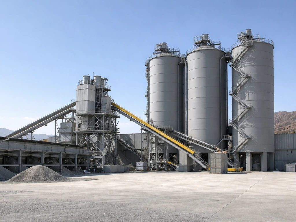 Cement silos and a conveyor at a modern cement plant under a clear sky, reflecting Bolivia’s cement industry.