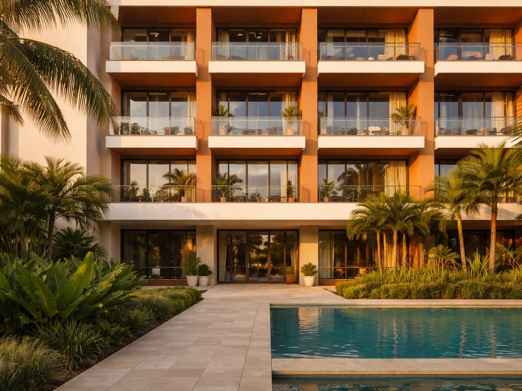 Luxury hotel exterior in Santa Cruz-like setting with warm lighting and inviting pool area