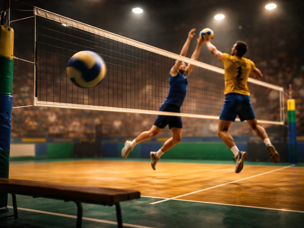 Dramatic indoor volleyball scene with a ball near the net and motion blur under warm lights.