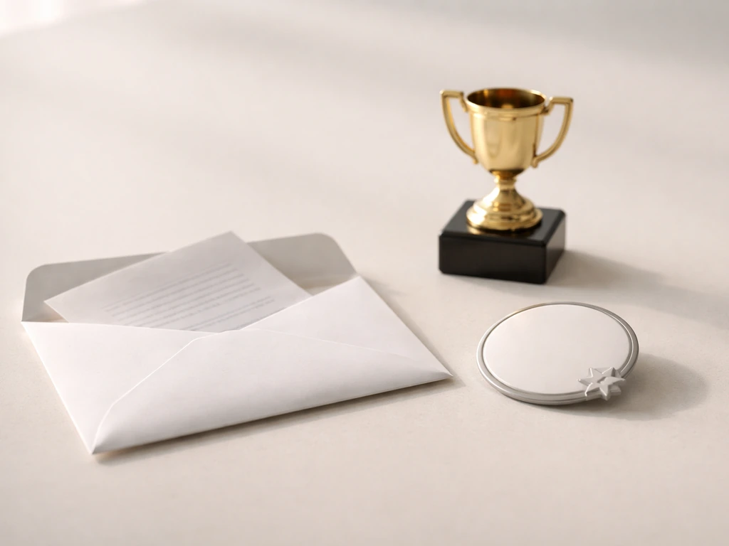 Minimal photo of a volleyball-themed desk scene with an envelope, trophy, and a simple sponsor-style badge nearby.