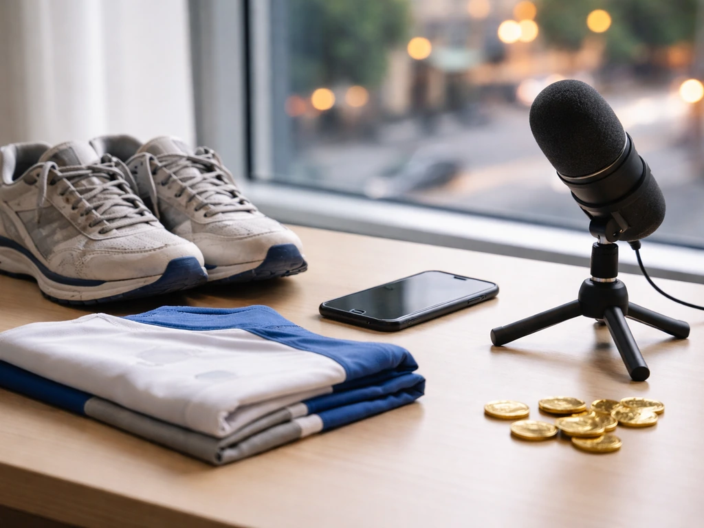Minimal desk still life with athletic shoes, jersey, microphone, and coins symbolizing sponsorship income