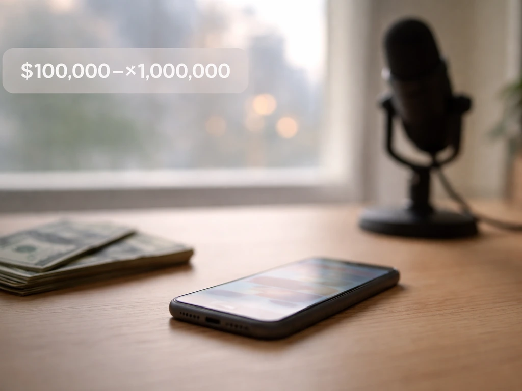 Minimal desk scene with a blurred smartphone showing an indistinct money-range overlay concept