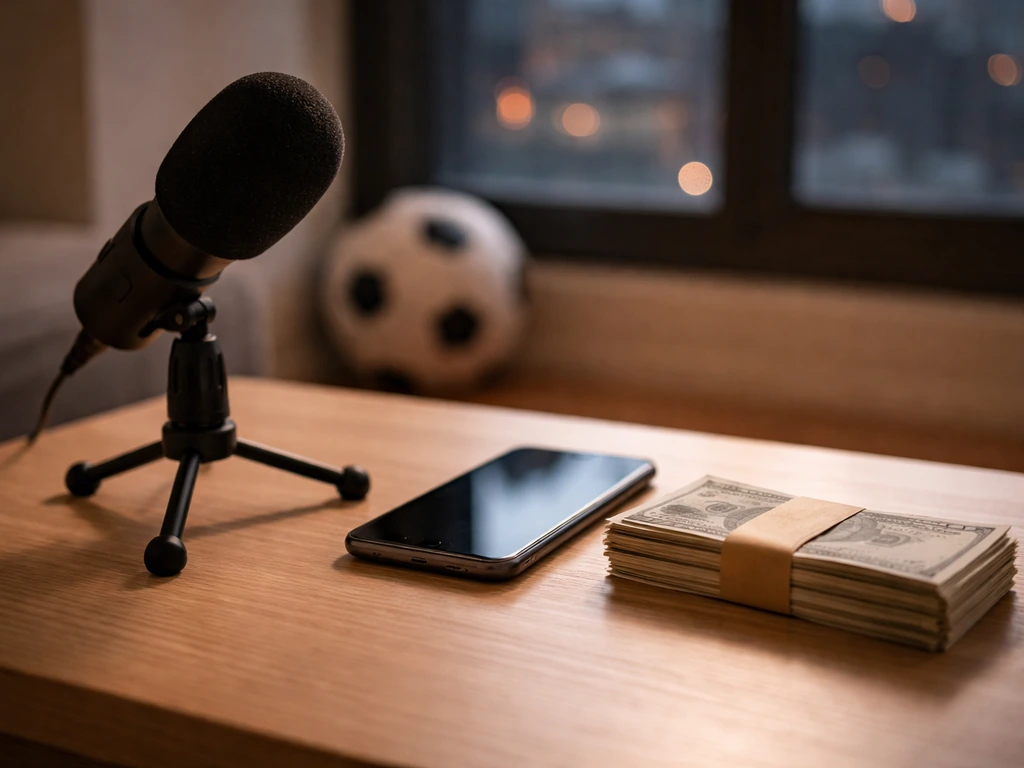 Minimal photo of a creator-athlete style desk with microphone, phone, and cash symbolizing income categories