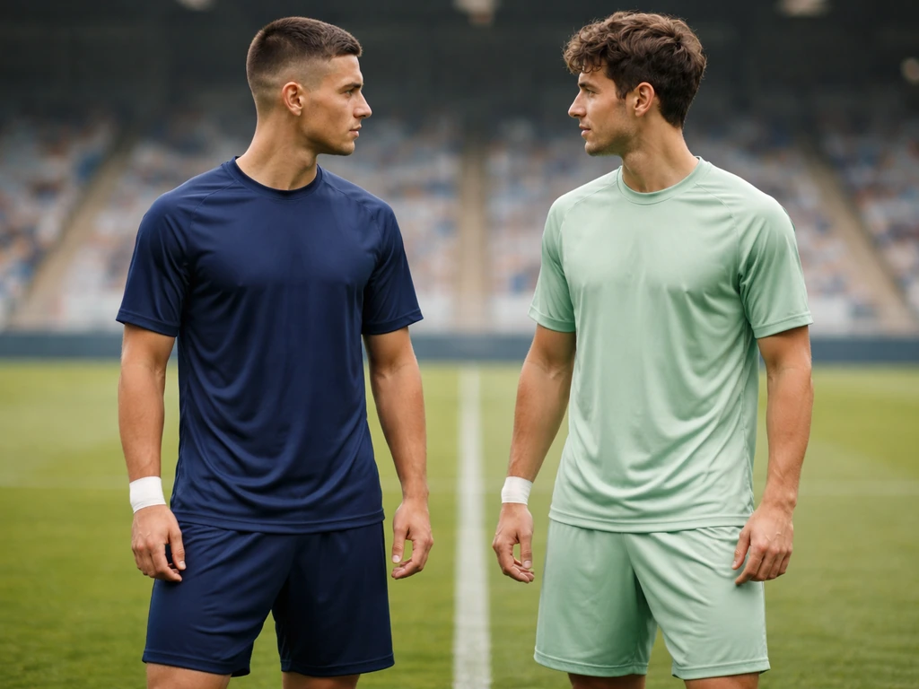 Two anonymous footballers in different jersey colors standing side-by-side on a stadium pitch.