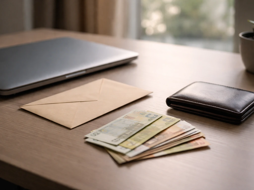 Minimal photo of a modern office desk with a sealed envelope, cash-like bills, and a laptop under warm light.