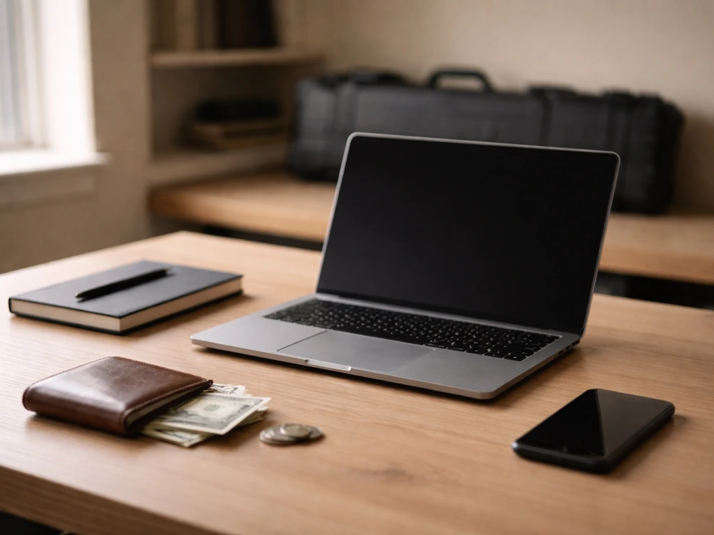 Minimal desk scene with wallet and cash symbolizing net worth calculations, no people shown.