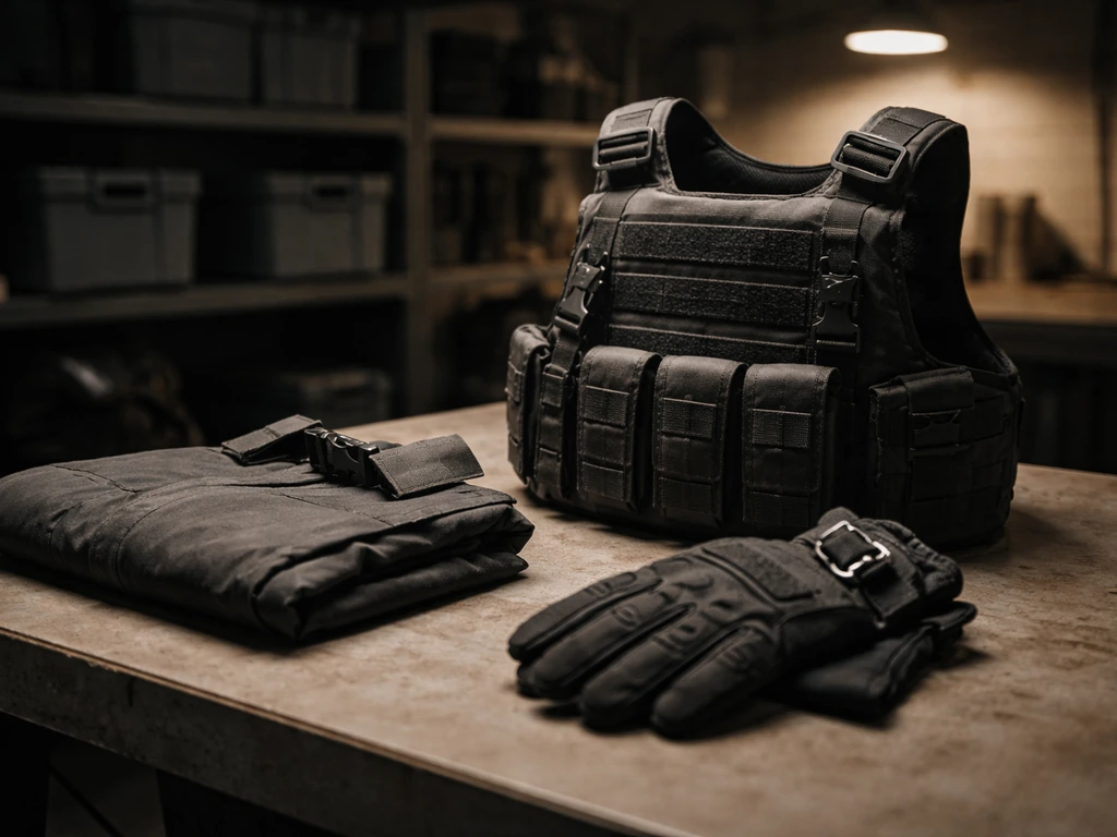 Tactical clothing and gear laid out on a workshop bench, symbolizing the 5.11 brand and origin story.