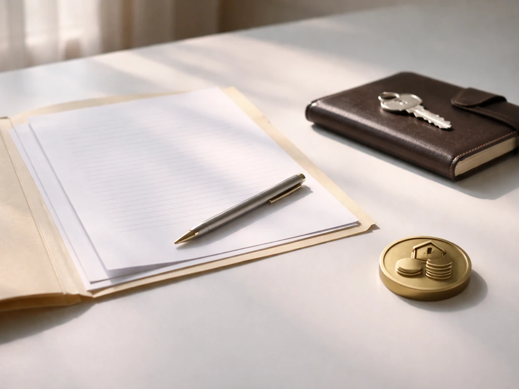 Minimal photo of an investor-style desk with documents, a pen, and a small metal key symbolizing ownership stakes.