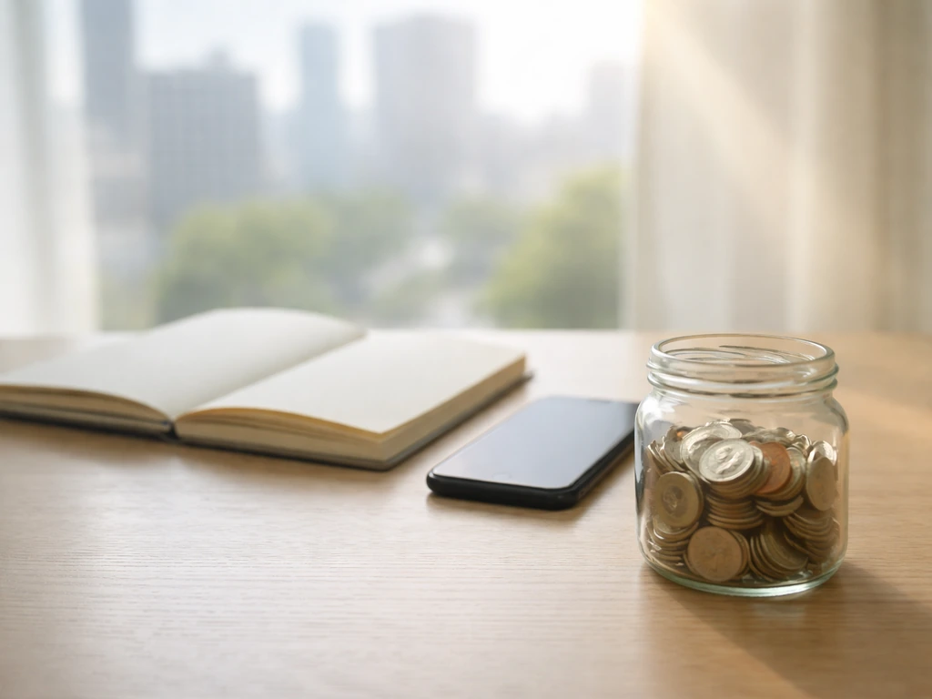 Minimal desk scene with coins and blank notebook under natural light, symbolizing uncertainty in estimates.