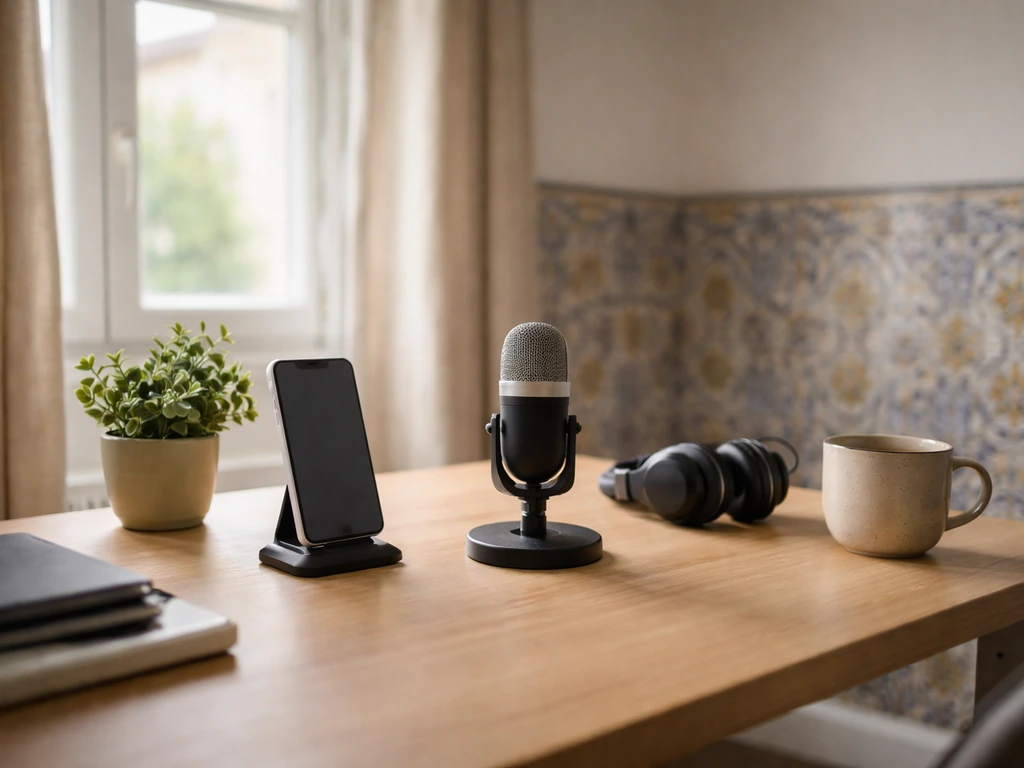 Minimal home office desk with smartphone, microphone, and headphones in soft natural light, no people.