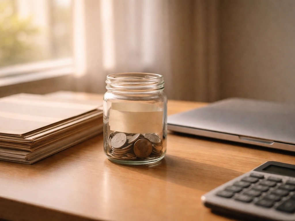 Minimal desk scene with coins in a jar and folders, suggesting assets minus liabilities for estimating net worth.