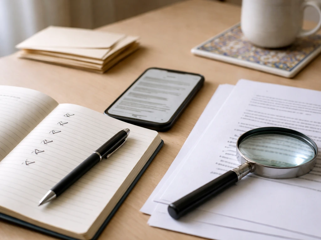 Magnifying glass and open notebook on a desk, symbolizing self-verification of financial/property estimates.