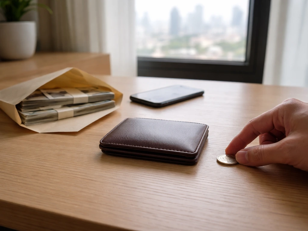 Minimal desk scene with wallet, envelope, and coin suggesting an estimated net worth range.