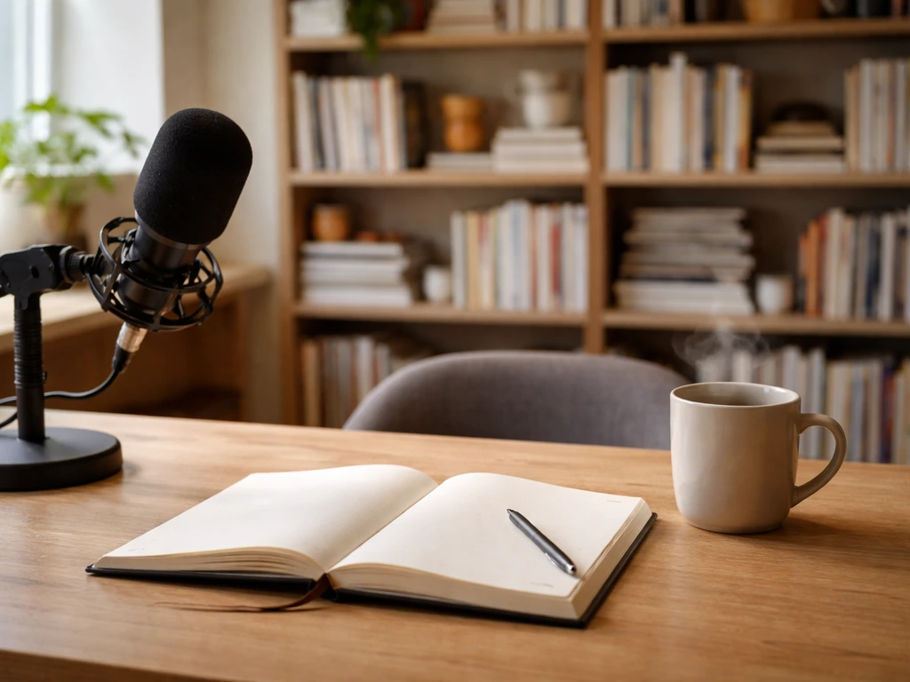 Editorial office workspace with warm natural light and a magazine-style table setting, no people.