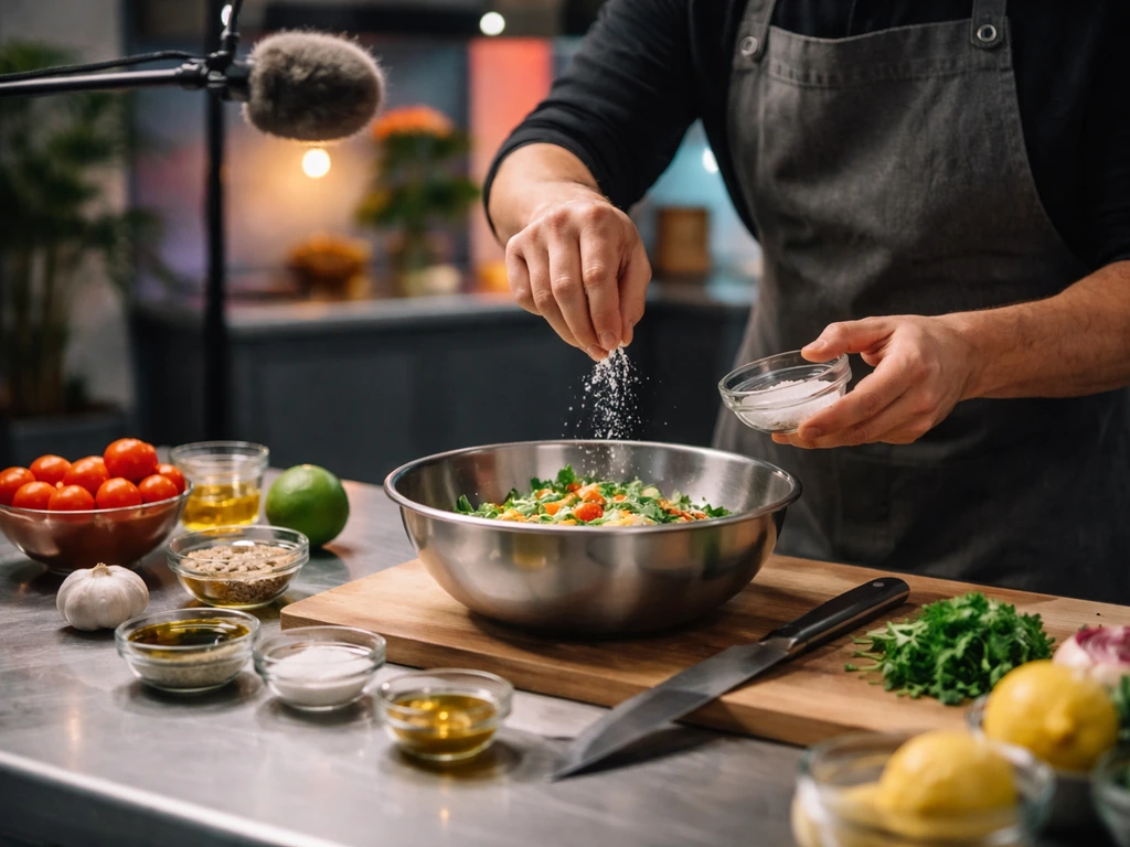Chef’s hands prep food in a small studio with a boom mic, suggesting broadcast cooking production.