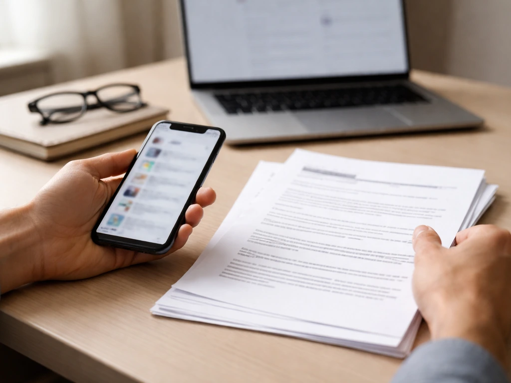 Anonymous hands compare blurred social media and generic press pages on a desk to verify employment changes.