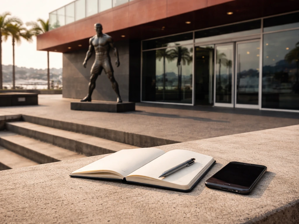 CR7 Museum exterior in Funchal with a blank notebook and pen on the steps, no people visible.