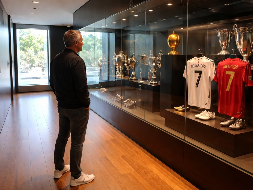 Anonymous man in a quiet Funchal museum lobby near a football-themed display.