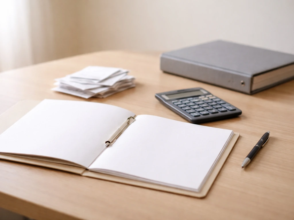 Minimal desk scene suggesting assets minus liabilities with documents and a calculator, no text
