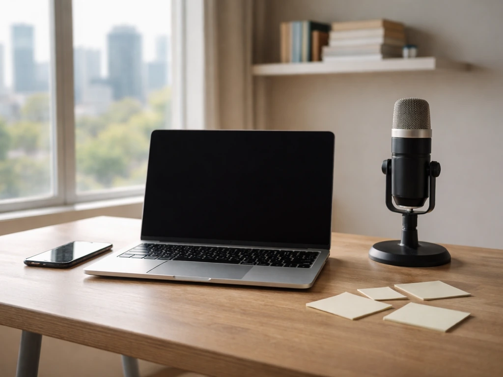Minimal desk with laptop and phone near a microphone, symbolizing differing net-worth modeling inputs.