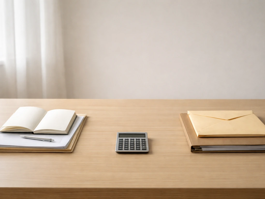 Mesa de escritório com pastas e documentos divididos, sugerindo ativos versus passivos sem texto.