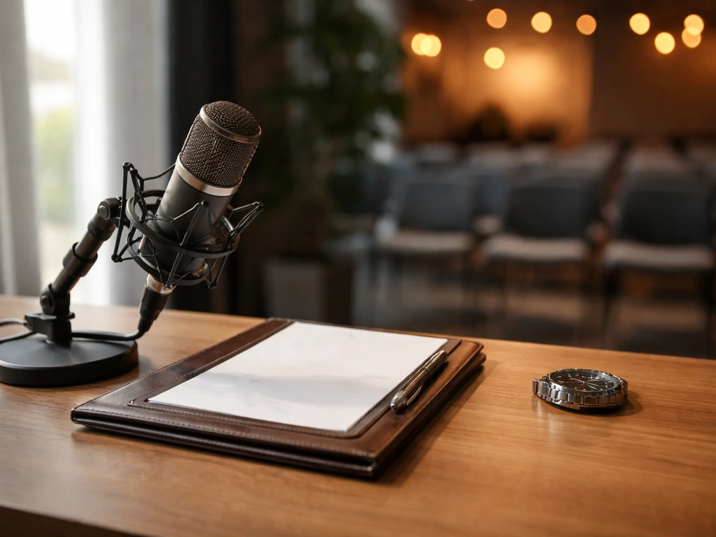 Microfone em estúdio com pasta e relógio executivo, simbolizando renda da mídia e gestão