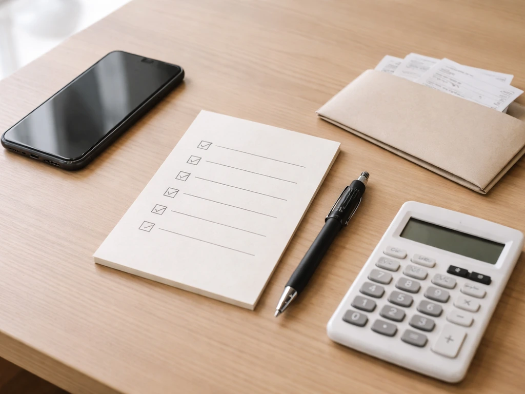 Mesa com checklist genérico e calculadora, sugerindo verificação e atualização de estimativa.