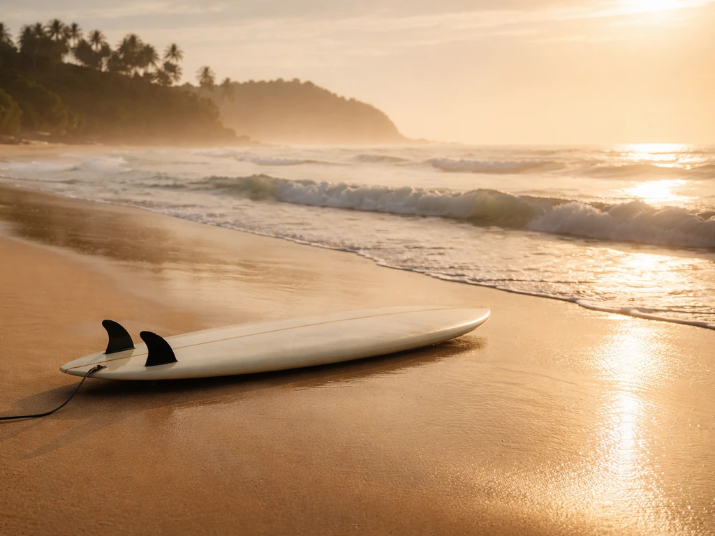 Surfboard on wet sand near ocean at golden hour, Brazil coastline feel with subtle wealth-career symbolism