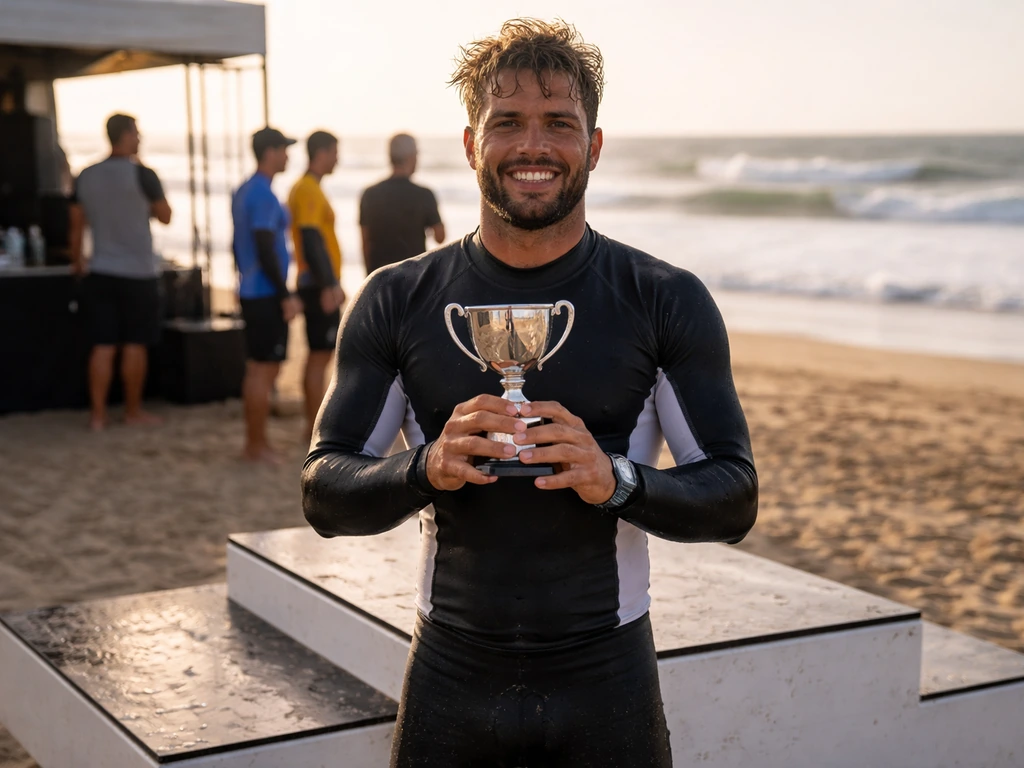 Italo Ferreira on a WSL-style surf podium with officials and competitors behind, trophy and waves in background.
