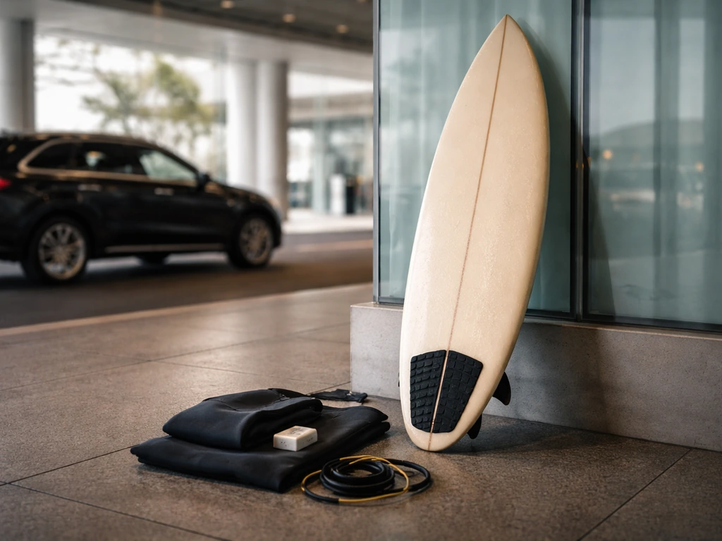 Surfboard and surf gear beside a luxury travel vehicle, symbolizing assets versus ongoing spending.