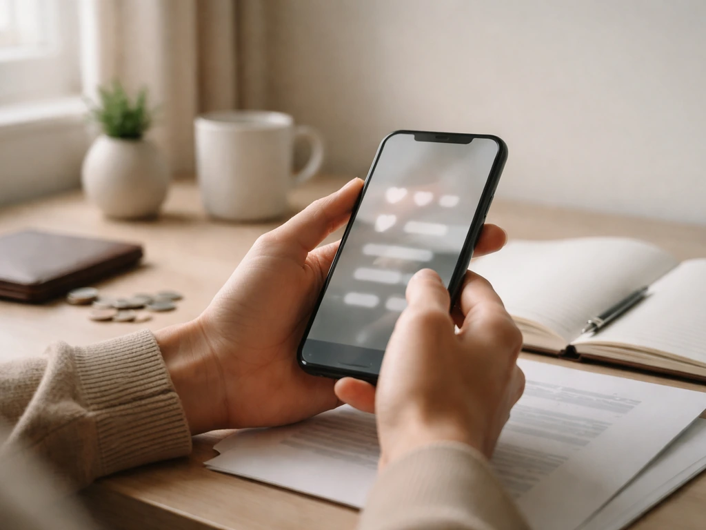 Person in a quiet home office checking finances on a smartphone beside documents and coins