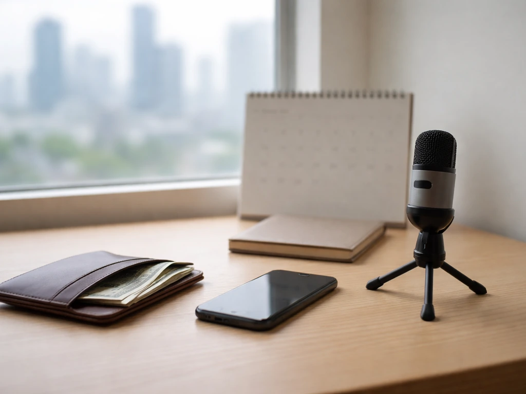 Minimal desk scene with wallet, smartphone, and microphone beside a windowed city view, symbolizing a wealth estimate.