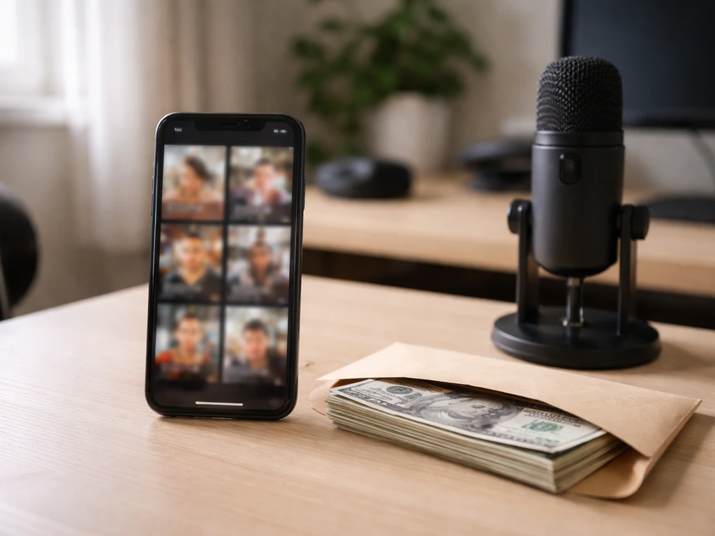 Anonymous phone displaying blurred social-video thumbnails next to cash and a microphone on a minimal desk.